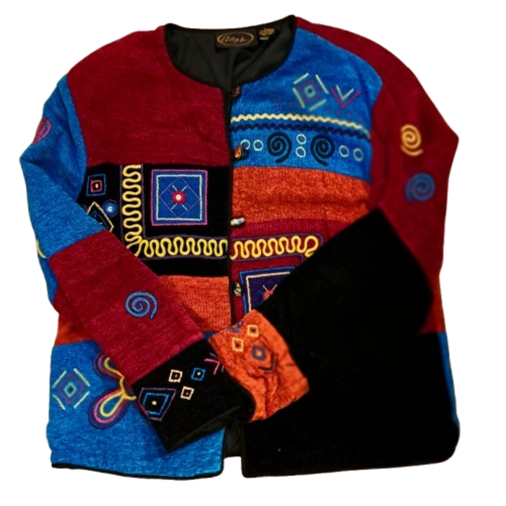 Vtg 90's Alex Kim Chenille/ Velour Embroidered Colorblock Sweater Jacket Sz LG
